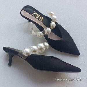 Zara Black Heel Mules with Pearl Accents